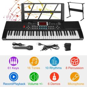 61 Keys Digital Music Electronic Keyboard Electric Musical Piano Instrument Kids Learning Keyboard W/ Stand Microphone (Option: Black)
